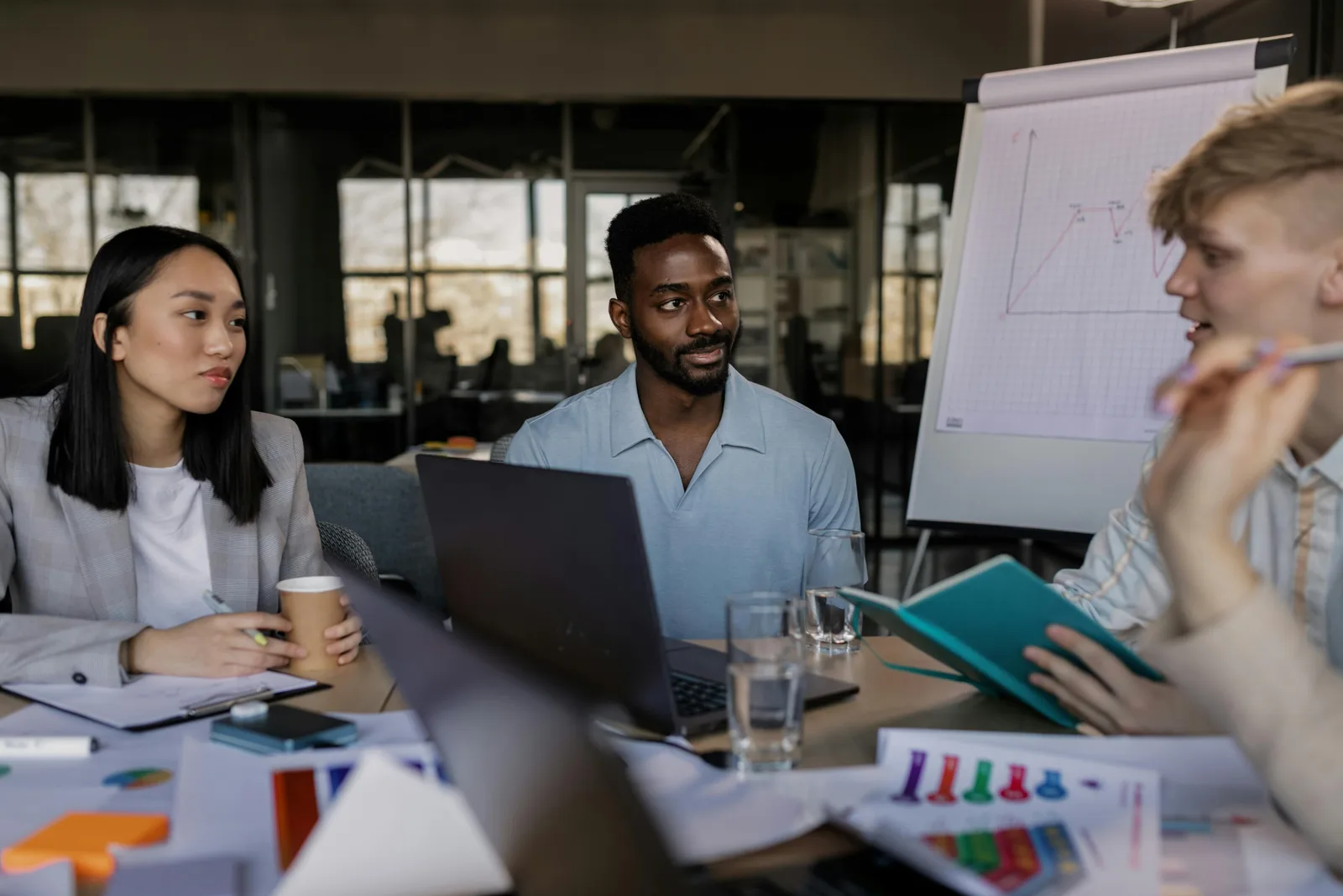 A team discussing charts, reports and business performance.